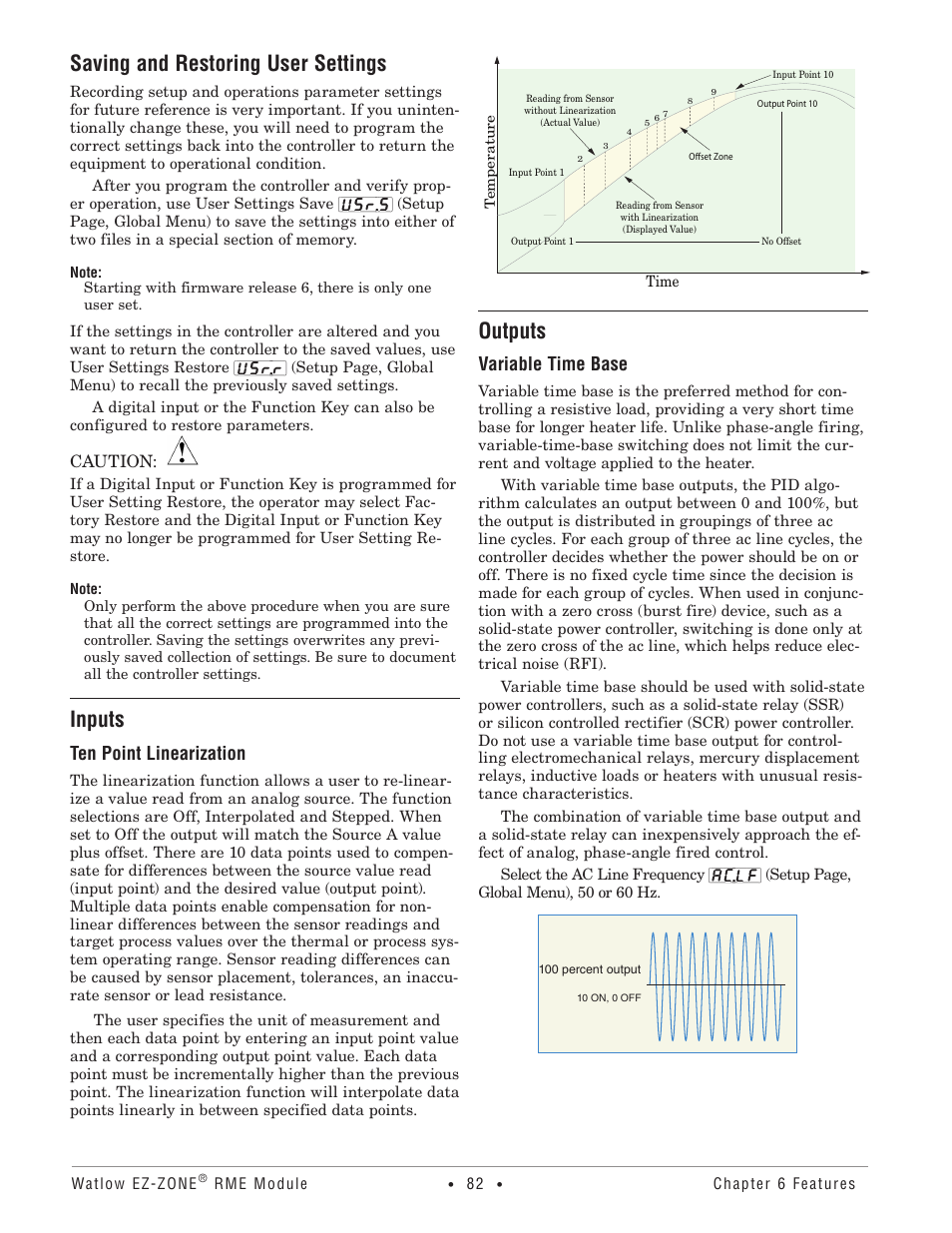 Saving and restoring user settings, Inputs, Outputs | Saving and restoring user settings inputs outputs, Variable time base, Ten point linearization | Watlow EZ-ZONE RME User Manual | Page 85 / 124