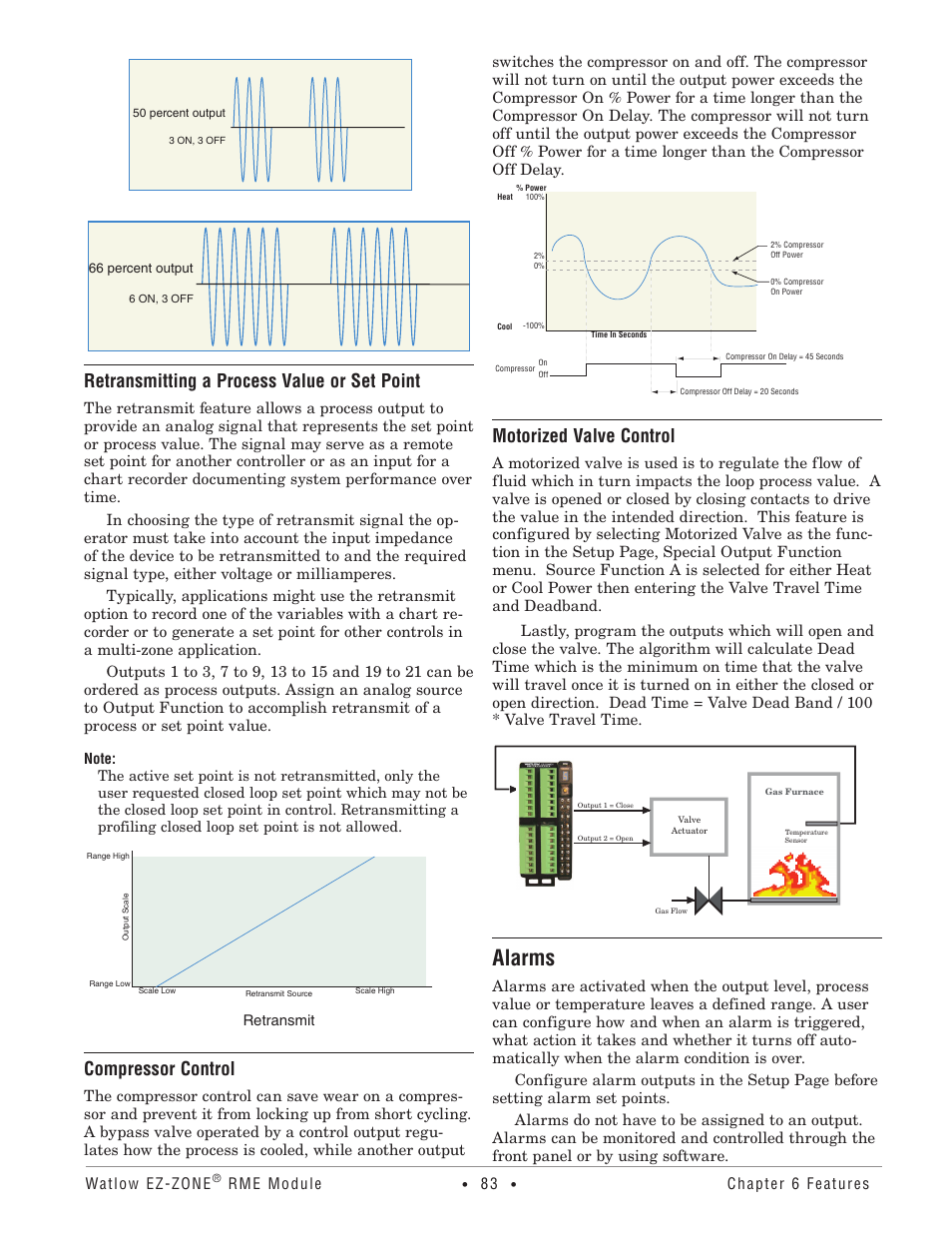 Alarms, Retransmitting a process value or set point, Compressor control | Motorized valve control | Watlow EZ-ZONE RME User Manual | Page 86 / 124