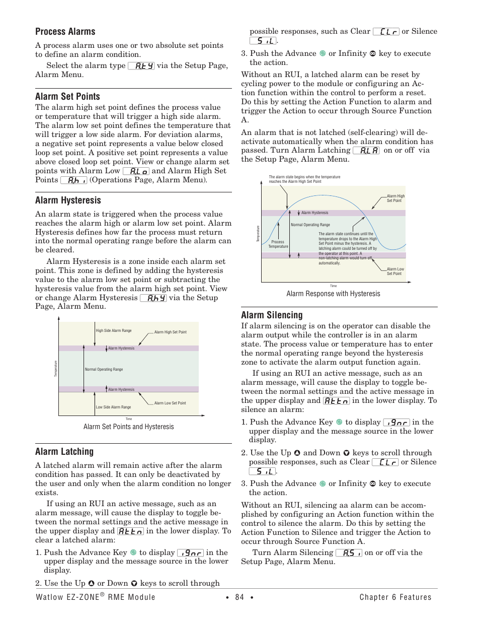 Process alarms, Alarm set points, Alarm hysteresis | Alarm latching, Alarm silencing | Watlow EZ-ZONE RME User Manual | Page 87 / 124