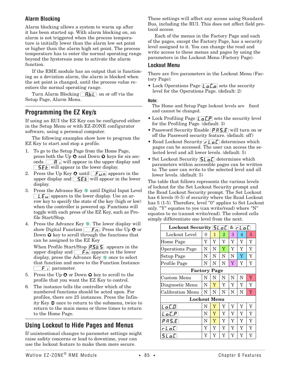 Alarm blocking, Programming the ez key/s, Using lockout to hide pages and menus | Watlow EZ-ZONE RME User Manual | Page 88 / 124