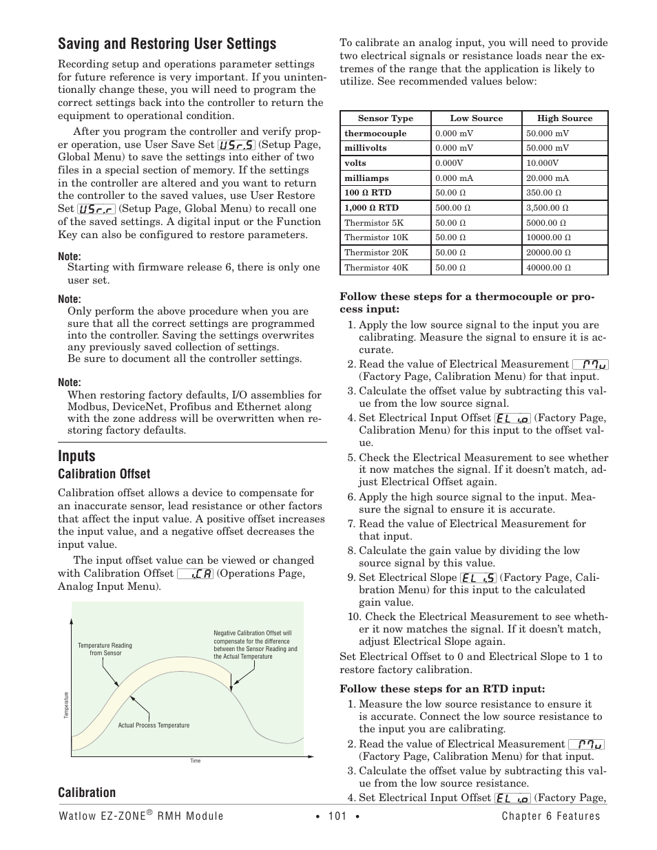 Saving and restoring user settings, Inputs, Saving and restoring user settings inputs | Calibration offset, Calibration | Watlow EZ-ZONE RMH User Manual | Page 104 / 161