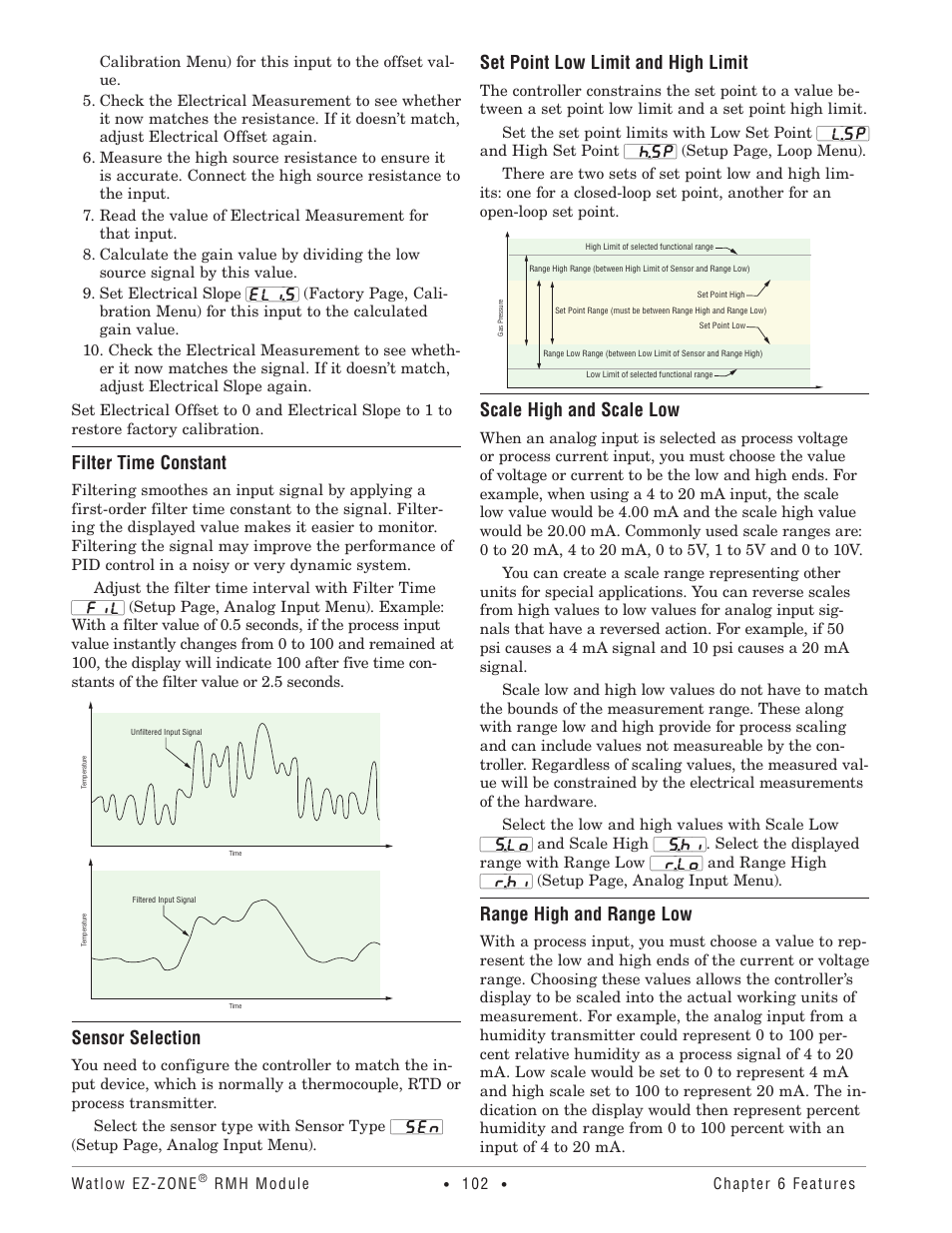 Filter time constant, Sensor selection, Set point low limit and high limit | Scale high and scale low, Range high and range low | Watlow EZ-ZONE RMH User Manual | Page 105 / 161