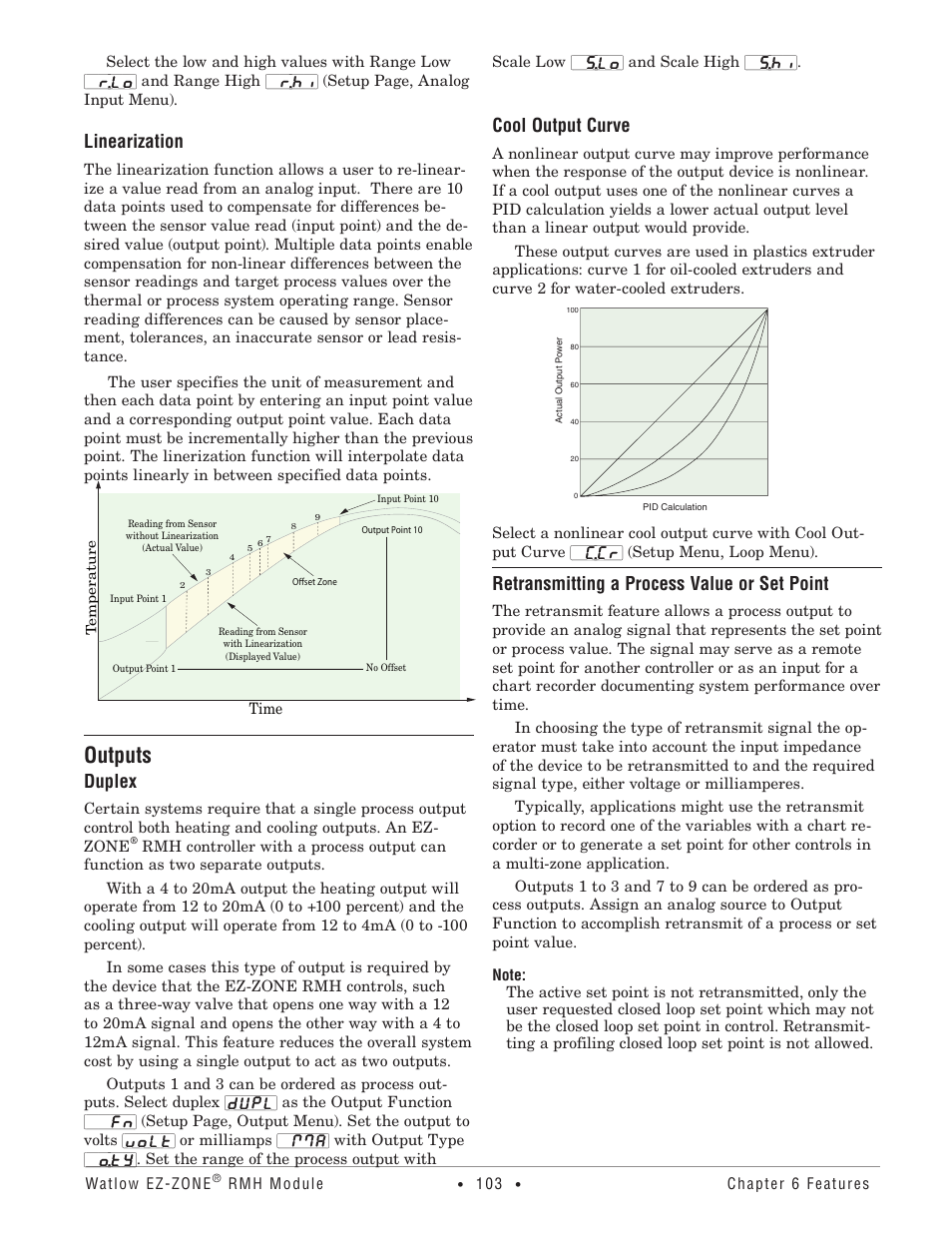 Outputs, Linearization, Duplex | Cool output curve, Retransmitting a process value or set point | Watlow EZ-ZONE RMH User Manual | Page 106 / 161