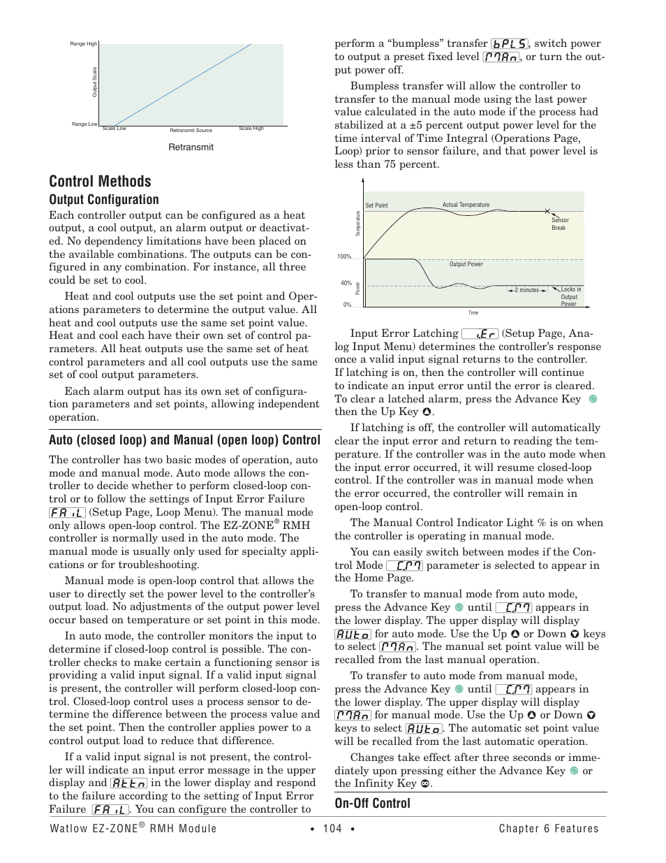 Control methods, Output configuration, Auto (closed loop) and manual (open loop) control | On-off control | Watlow EZ-ZONE RMH User Manual | Page 107 / 161