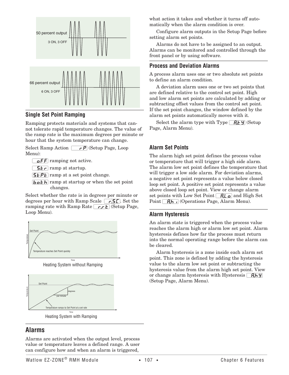 Alarms, Single set point ramping, Process and deviation alarms | Alarm set points, Alarm hysteresis | Watlow EZ-ZONE RMH User Manual | Page 110 / 161
