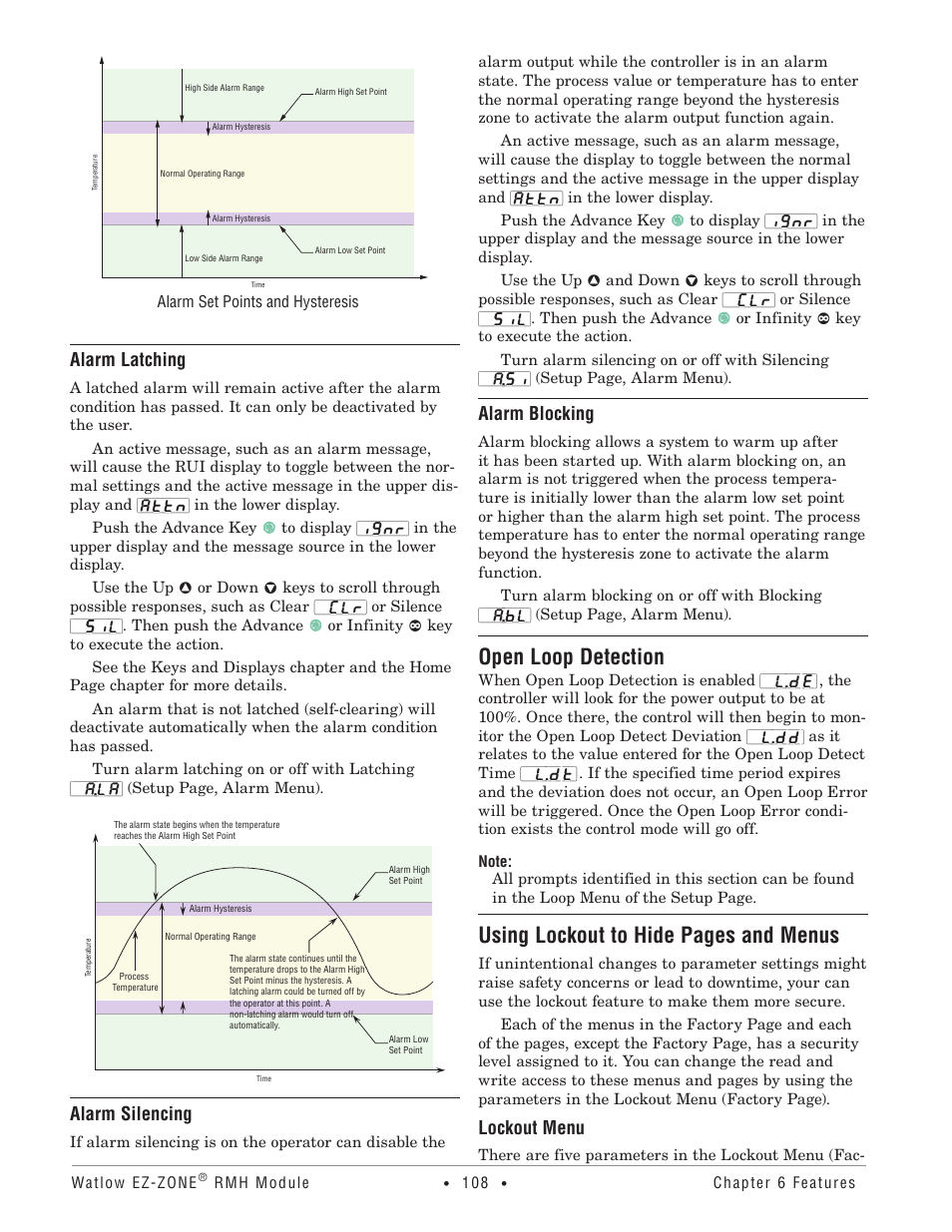 Open loop detection, Alarm latching, Alarm silencing | Alarm blocking, Lockout menu, Using lockout to hide pages and menus | Watlow EZ-ZONE RMH User Manual | Page 111 / 161