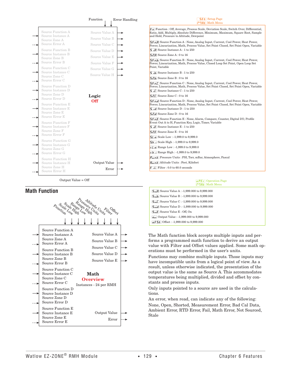 Math function, Watlow ez-zone, Rmh module | Chapter 6 features, Math overview | Watlow EZ-ZONE RMH User Manual | Page 132 / 161