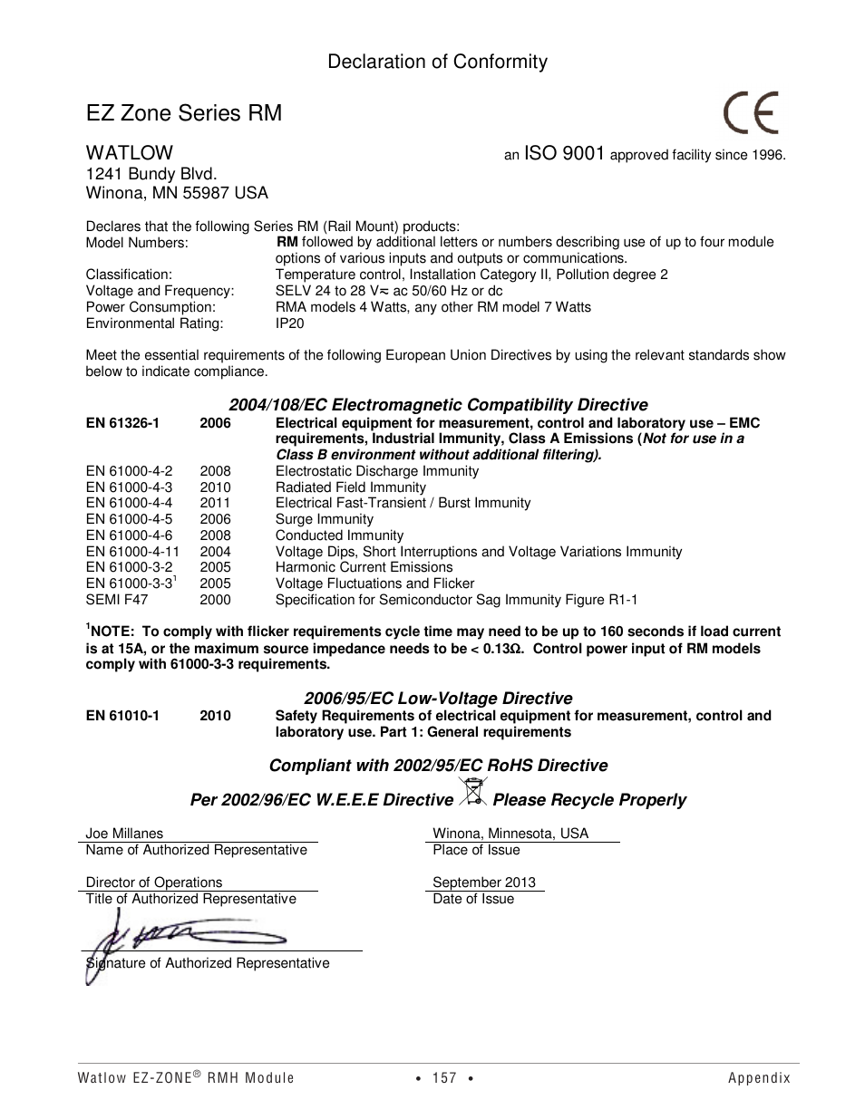 Ez zone series rm, Declaration of conformity, Watlow | Iso 9001 | Watlow EZ-ZONE RMH User Manual | Page 160 / 161