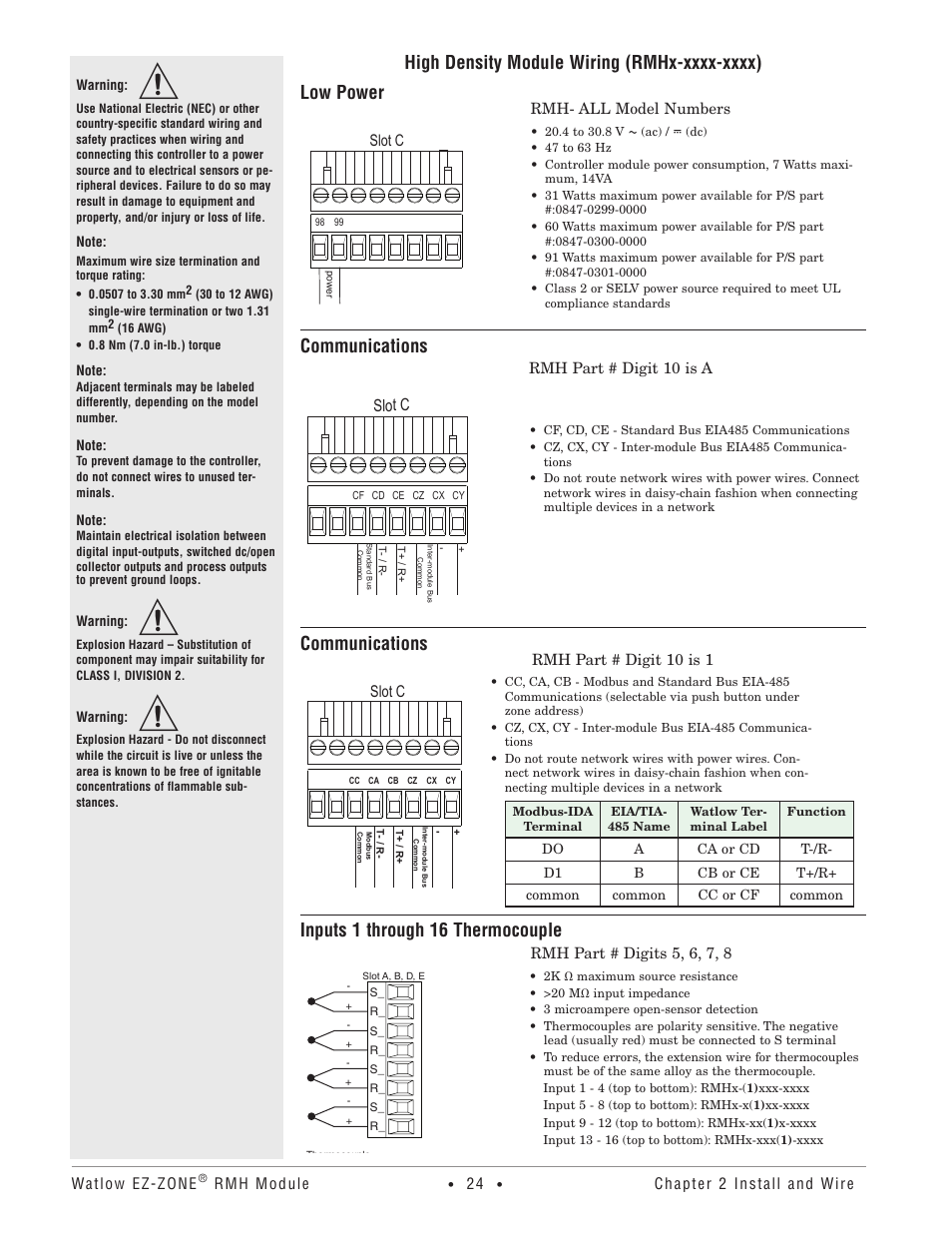 Communications, Inputs 1 through 16 thermocouple | Watlow EZ-ZONE RMH User Manual | Page 27 / 161