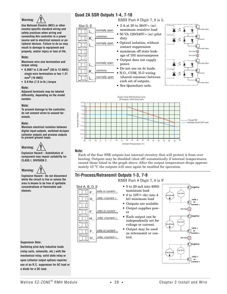 Tri-process/retransmit outputs 1-3, 7-9, L_ k_ l_ l_ k_ l, Watlow ez-zone | Rmh module, Chapter 2 install and wire, Rmh part # digit 7, 8 is l, Rmh part # digit 7, 8 is f | Watlow EZ-ZONE RMH User Manual | Page 32 / 161