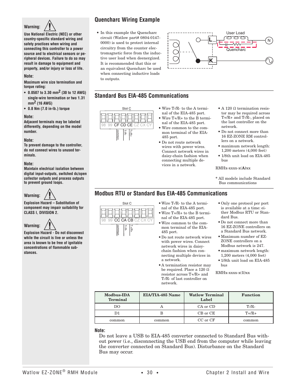 Quencharc wiring example, Standard bus eia-485 communications, Modbus rtu or standard bus eia-485 communications | L_ k | Watlow EZ-ZONE RMH User Manual | Page 33 / 161