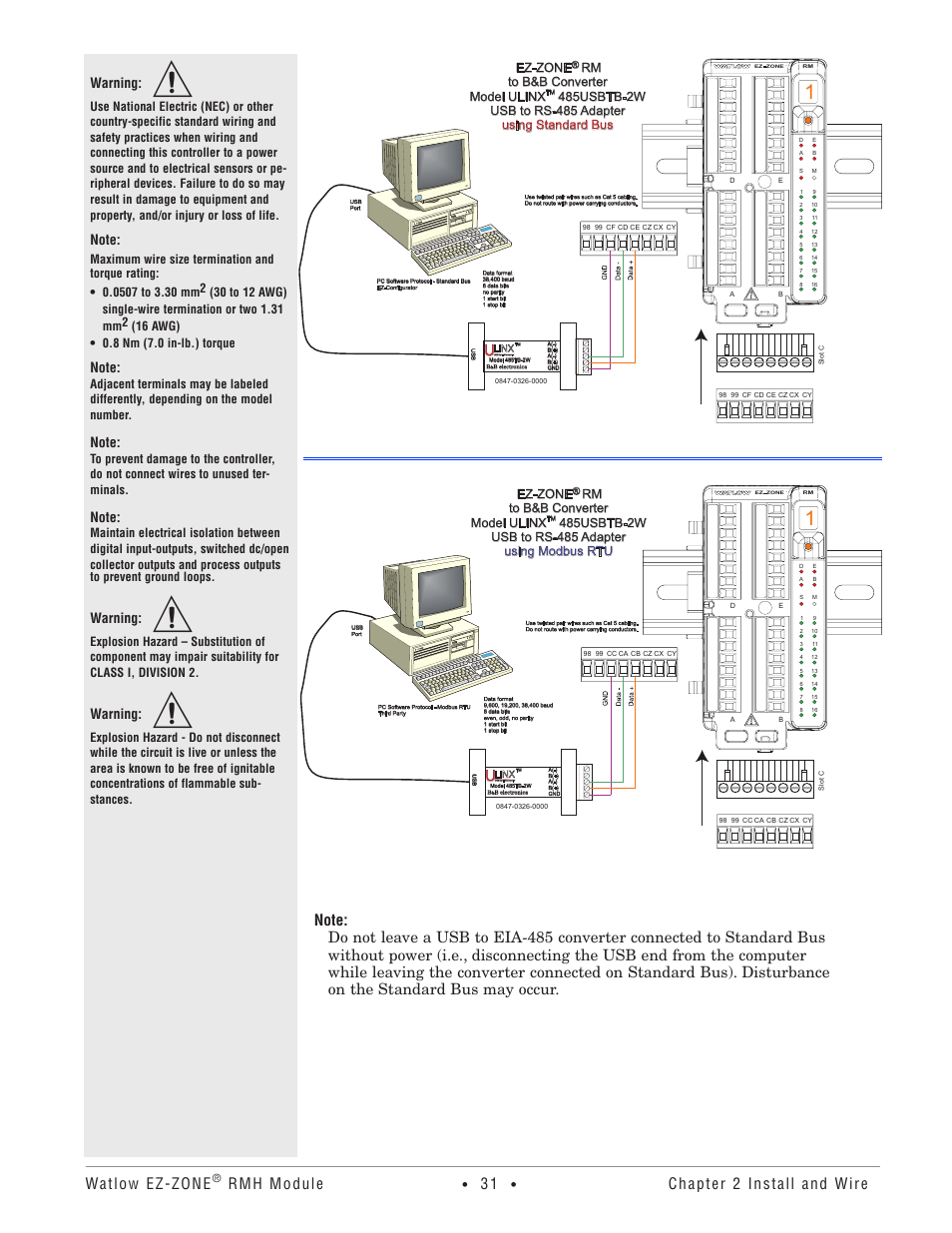 Watlow ez-zone, Rmh module, Chapter 2 install and wire | Warning, Ez-zone | Watlow EZ-ZONE RMH User Manual | Page 34 / 161