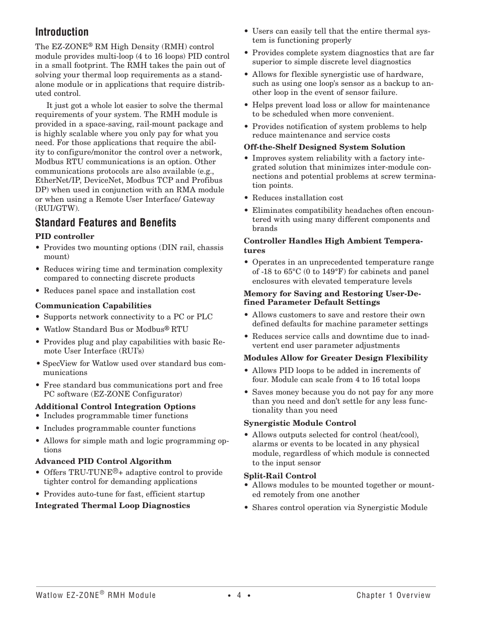Introduction, Standard features and benefits | Watlow EZ-ZONE RMH User Manual | Page 7 / 161