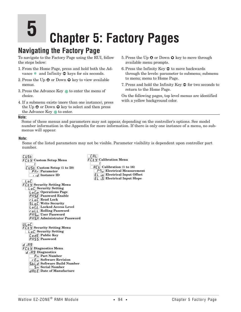 Factory, Chapter 5: factory pages, Navigating the factory page | Watlow EZ-ZONE RMH User Manual | Page 97 / 161