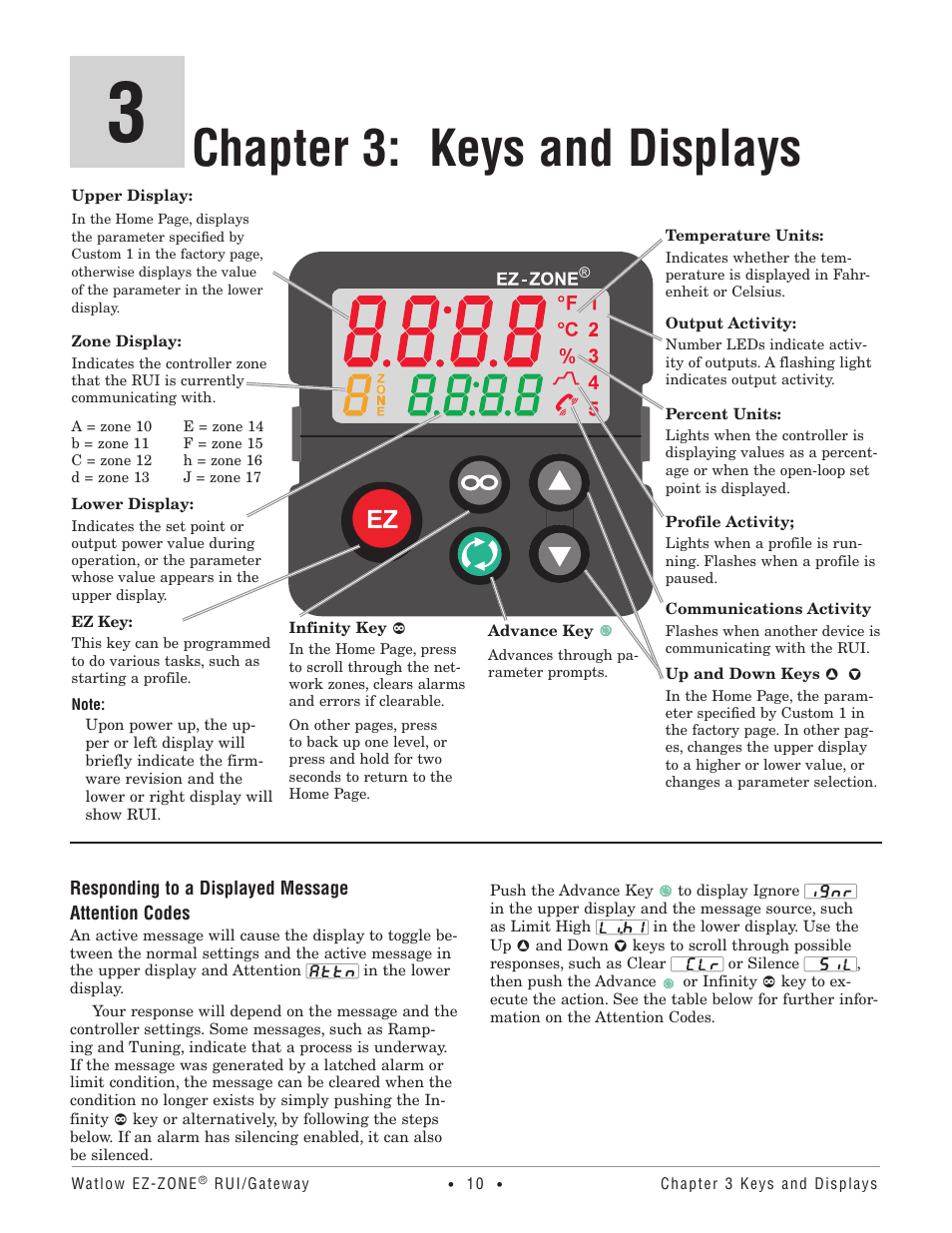 Responding to a displayed message, Chapter 3: keys and displays | Watlow EZ-ZONE RUI/Gateway User Manual | Page 13 / 62