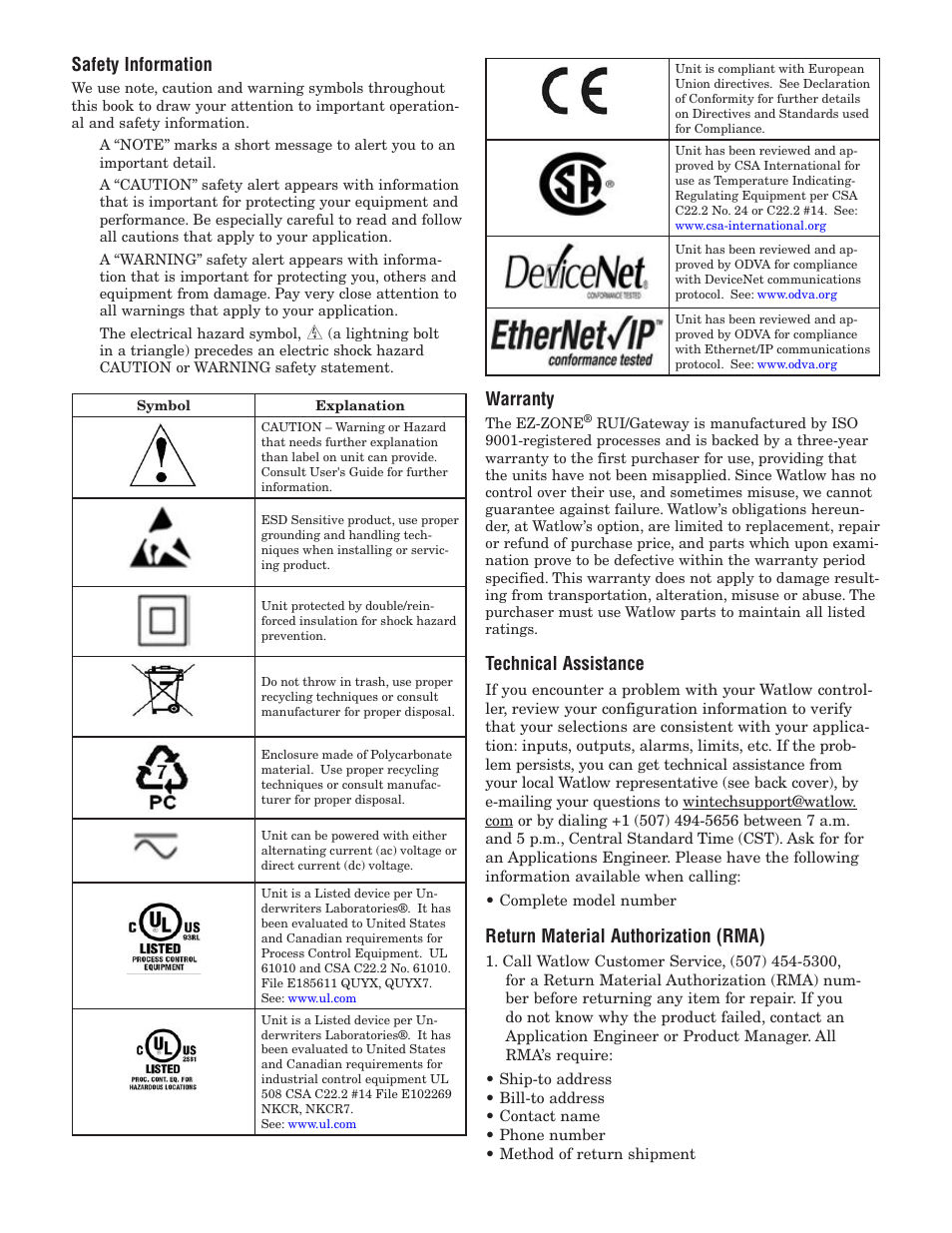 Safety information, Warranty, Technical assistance | Return material authorization (rma) | Watlow EZ-ZONE RUI/Gateway User Manual | Page 2 / 62