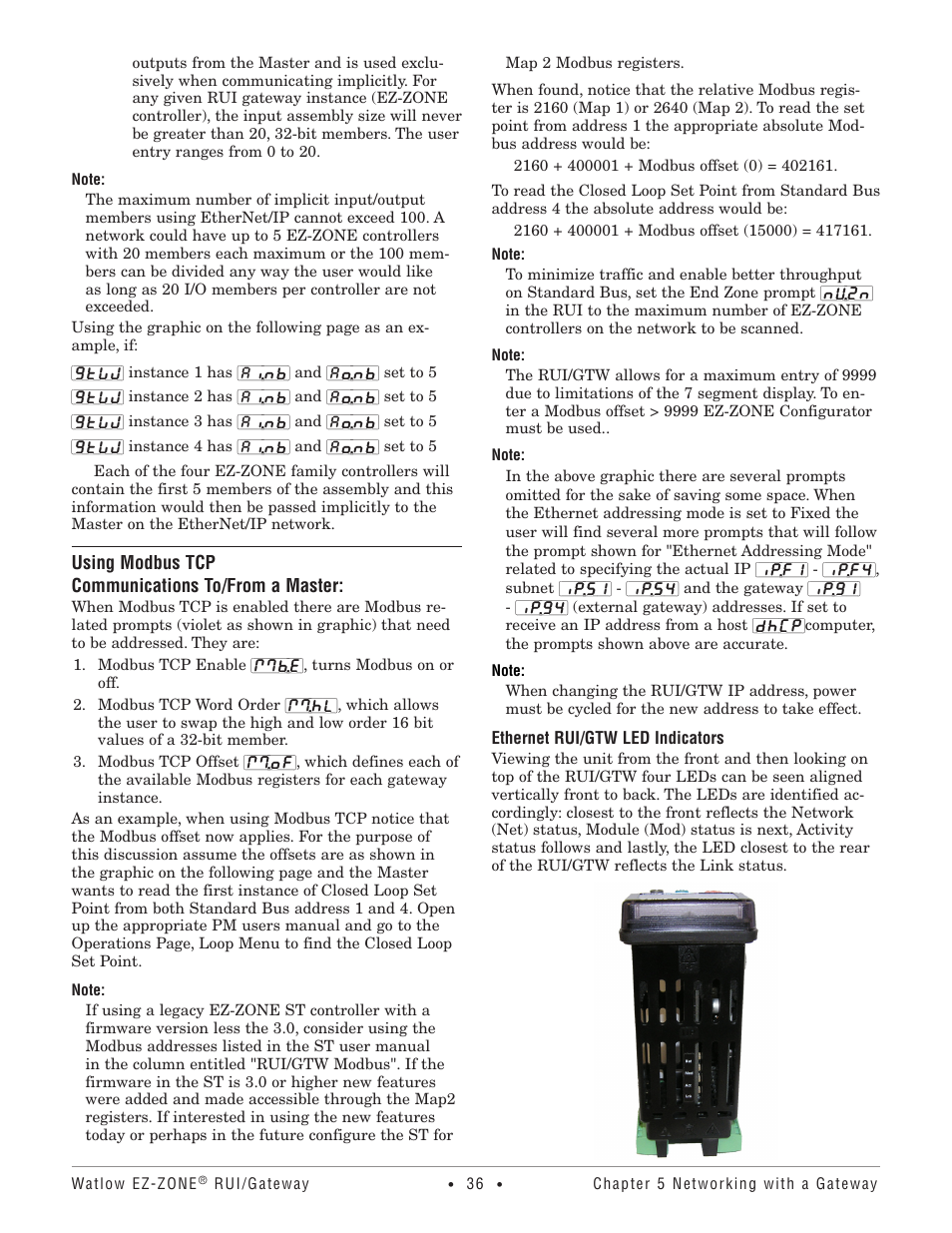 Using modbus tcp, Ethernet rui/gtw led indicators | Watlow EZ-ZONE RUI/Gateway User Manual | Page 39 / 62