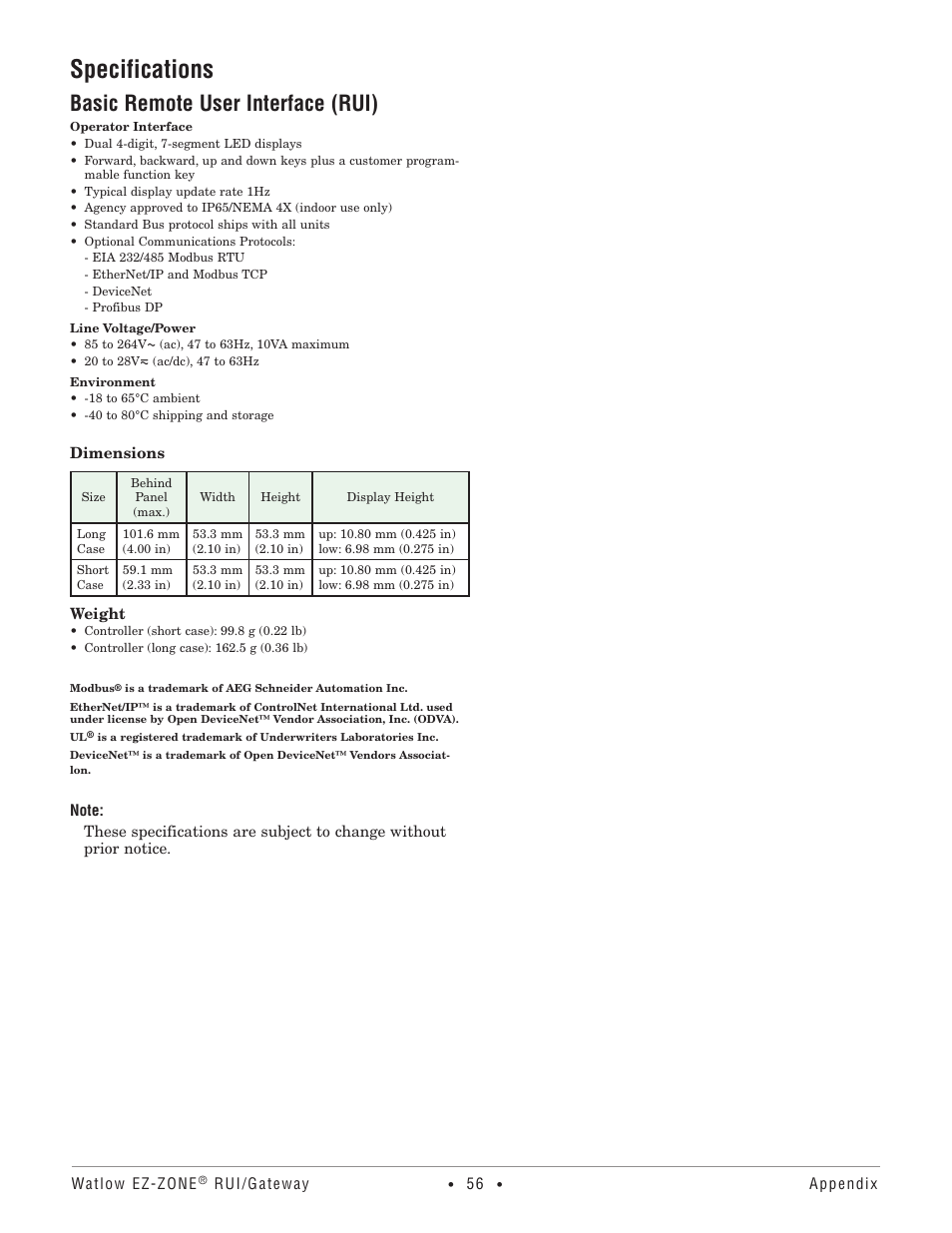 Specifications, Basic remote user interface (rui) | Watlow EZ-ZONE RUI/Gateway User Manual | Page 59 / 62