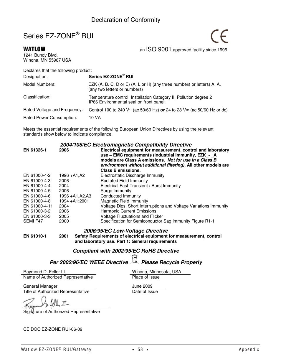 Series ez-zone, Declaration of conformity, Watlow | Iso 9001 | Watlow EZ-ZONE RUI/Gateway User Manual | Page 61 / 62