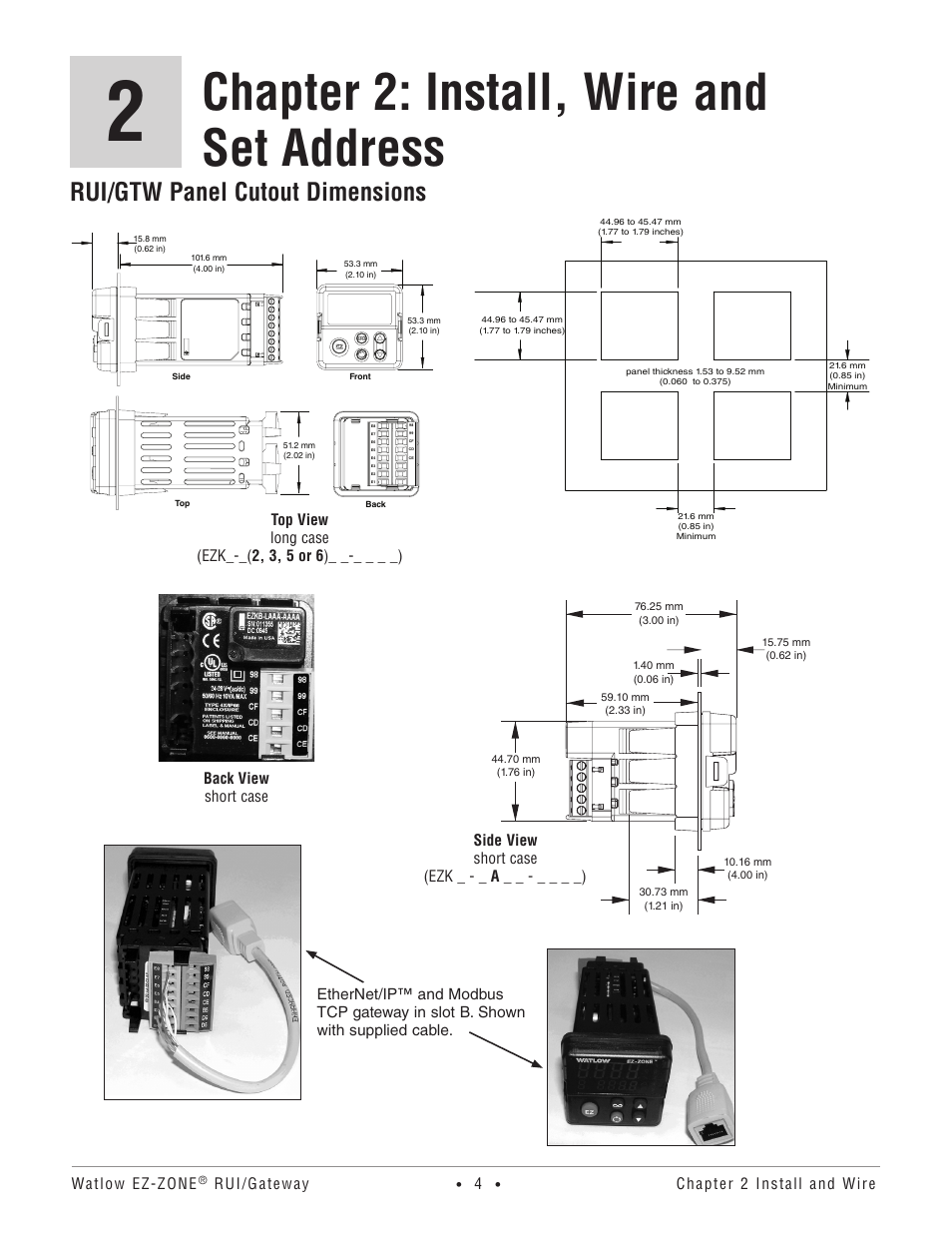 Rui/gtw panel cutout dimensions, Chapter 2: install, wire and set address | Watlow EZ-ZONE RUI/Gateway User Manual | Page 7 / 62