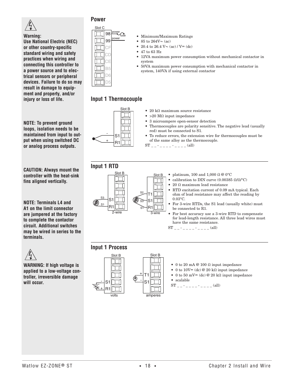 Power, Input 1 thermocouple, Input 1 rtd | Input 1 process | Watlow EZ-ZONE ST User Manual | Page 20 / 97