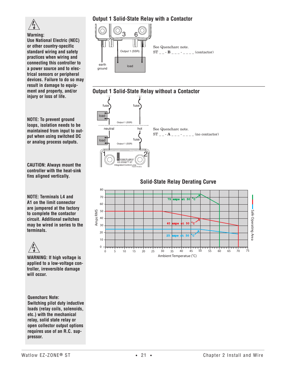 Output 1 solid-state relay with a contactor, Output 1 solid-state relay without a contactor, Solid-state relay derating curve | Chapter 2 install and wire | Watlow EZ-ZONE ST User Manual | Page 23 / 97