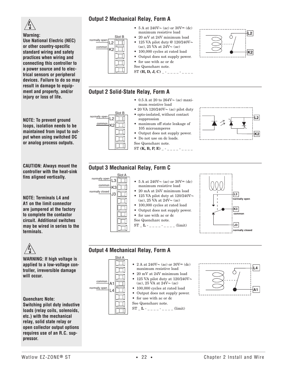 Output 2 mechanical relay, form a, Output 2 solid-state relay, form a, Output 3 mechanical relay, form c | Output 4 mechanical relay, form a | Watlow EZ-ZONE ST User Manual | Page 24 / 97