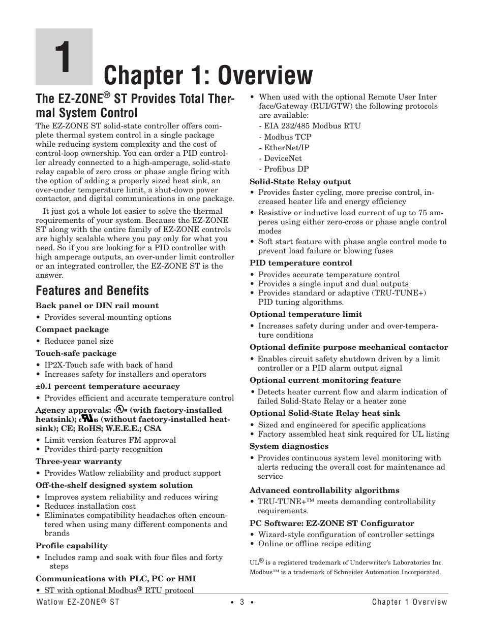 Chapter 1: overview, The ez-zone, St provides total thermal system control | St provides total ther- mal system control, Features and benefits | Watlow EZ-ZONE ST User Manual | Page 5 / 97