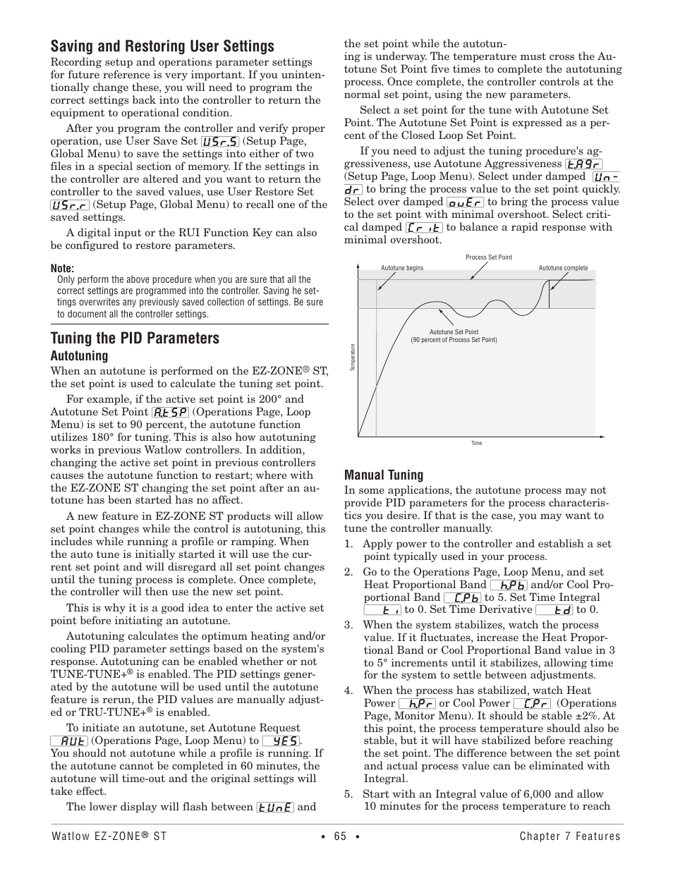 Saving and restoring user settings, Tuning the pid parameters, Manual tuning | Watlow EZ-ZONE ST User Manual | Page 67 / 97