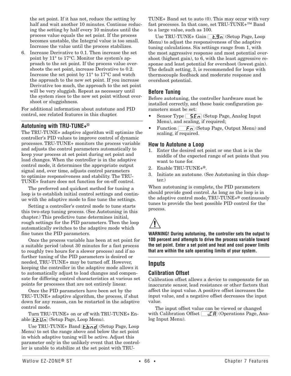 Inputs, Autotuning with tru‑tune, Calibration offset | Autotuning with tru-tune | Watlow EZ-ZONE ST User Manual | Page 68 / 97