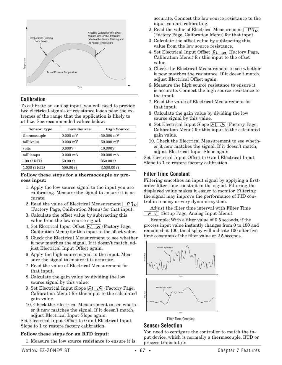 Calibration, Filter time constant, Sensor selection | Watlow EZ-ZONE ST User Manual | Page 69 / 97