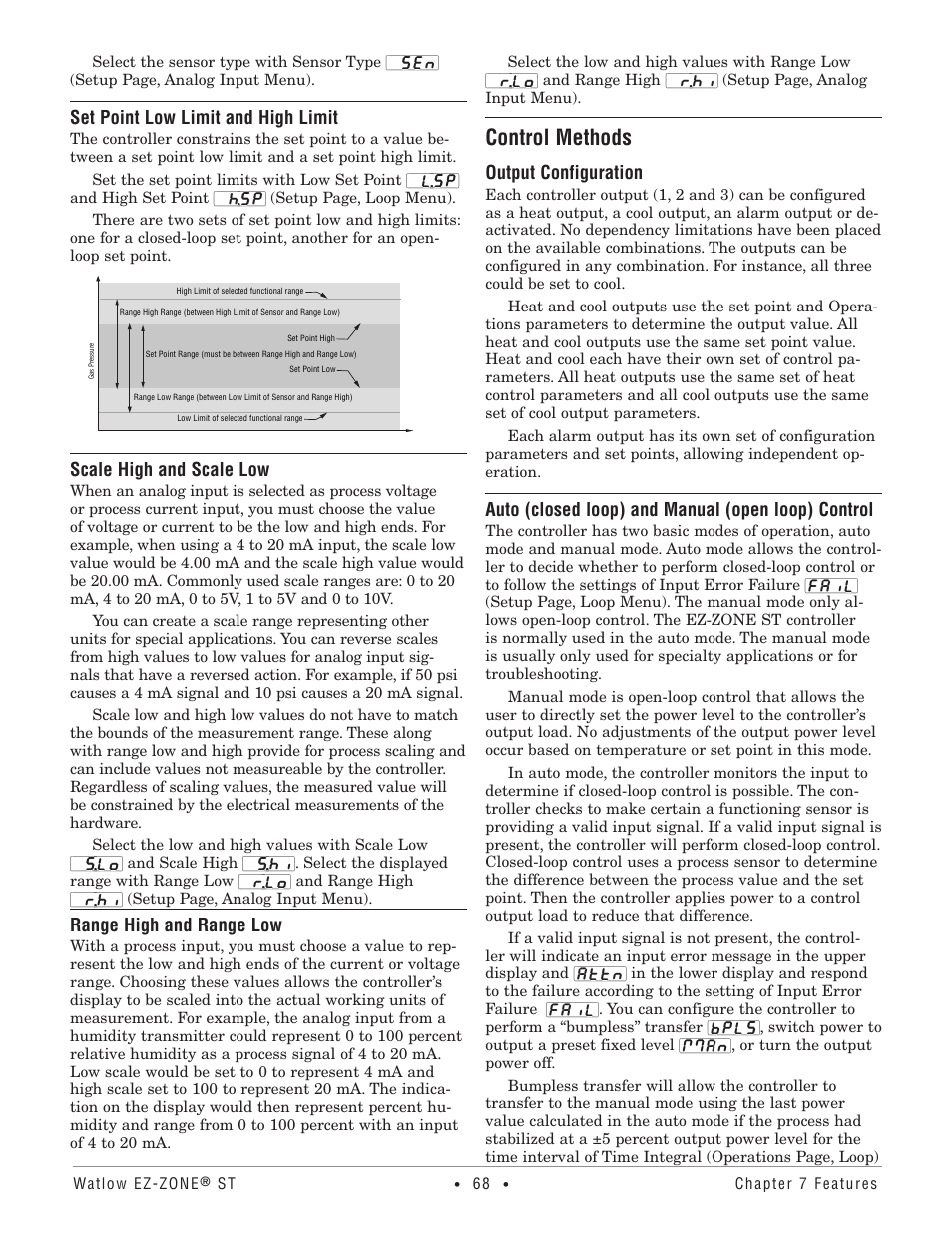 Control methods, Set point low limit and high limit, Scale high and scale low | Range high and range low, Output configuration, Auto (closed loop) and manual (open loop) control, Range high and range low control methods | Watlow EZ-ZONE ST User Manual | Page 70 / 97