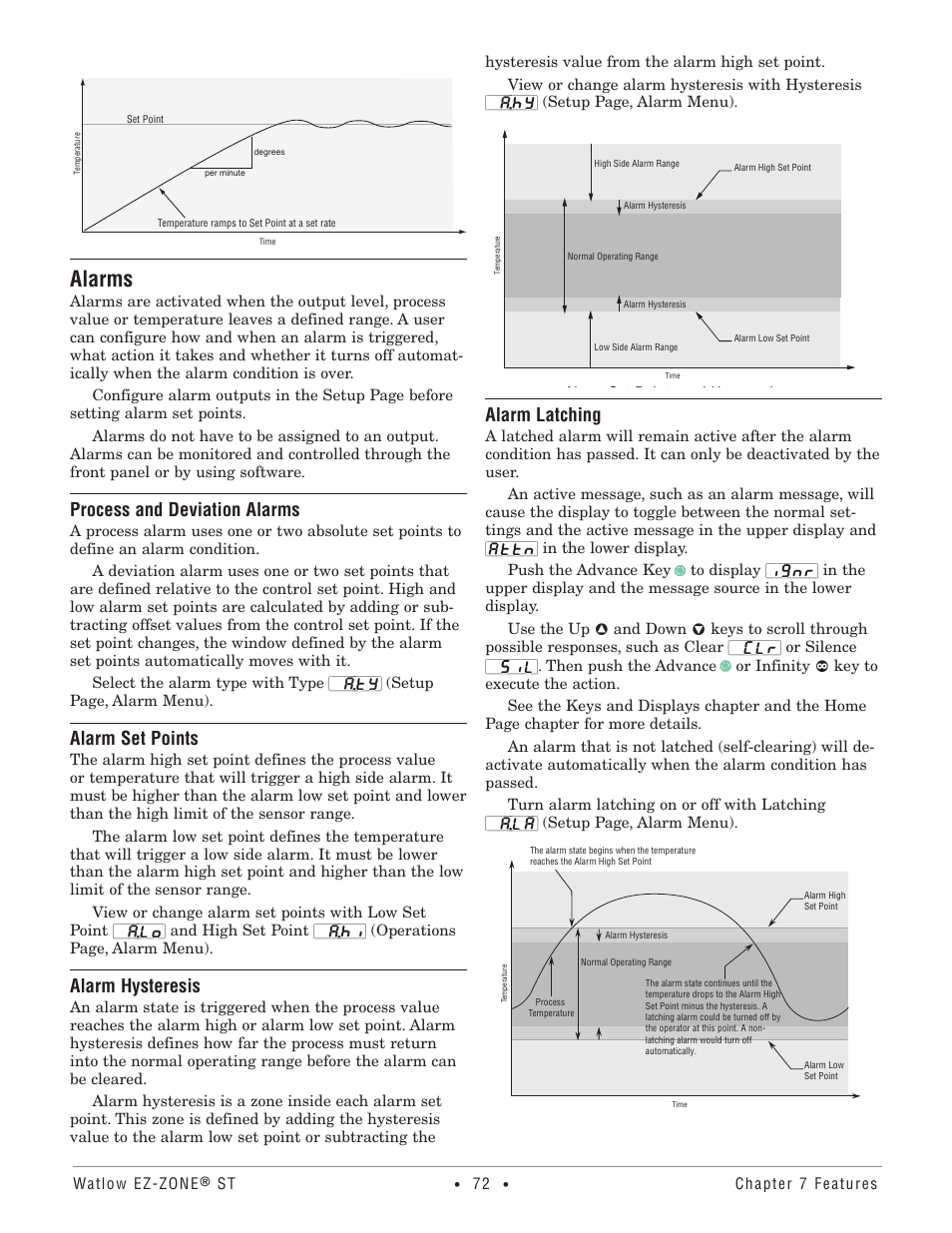 Alarms, Process and deviation alarms, Alarm set points | Alarm hysteresis, Alarm latching, Heating system with ramping, Alarm set points and hysteresis, Alarm response with hysteresis | Watlow EZ-ZONE ST User Manual | Page 74 / 97