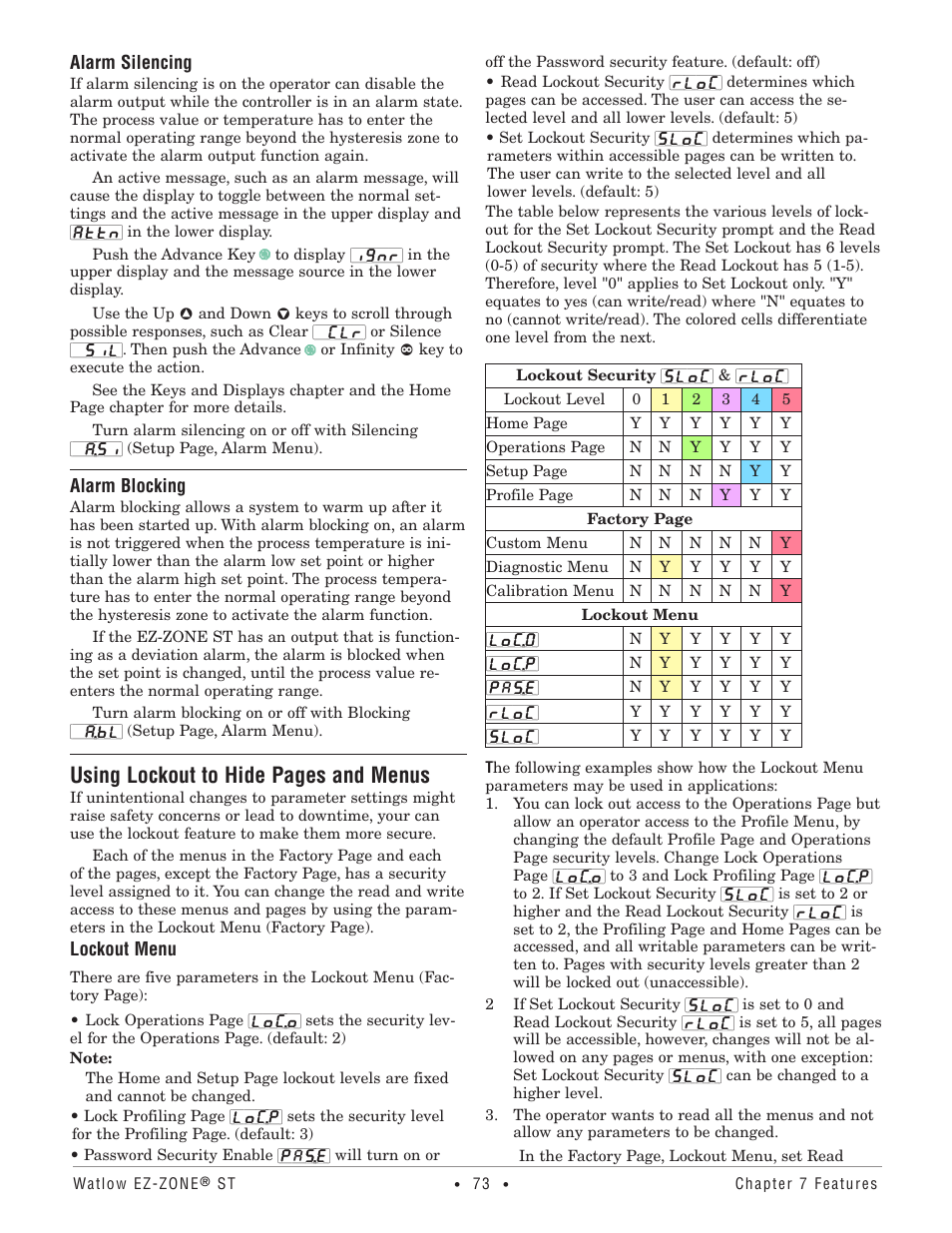 Alarm silencing, Alarm blocking, Using lockout to hide pages and menus | Watlow EZ-ZONE ST User Manual | Page 75 / 97