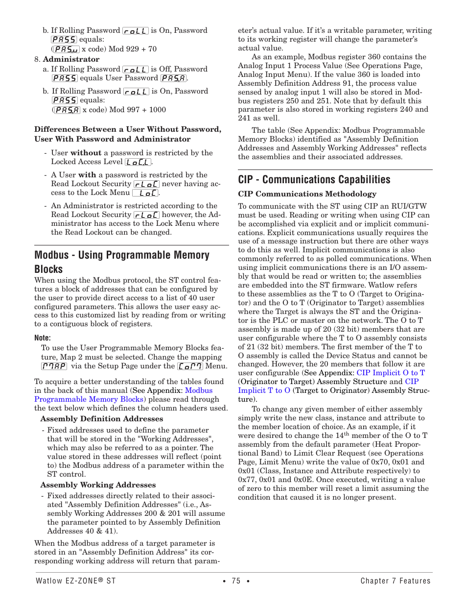 Modbus - using programmable memory blocks, Cip - communications capabilities, Modbus | User programmable memory blocks | Watlow EZ-ZONE ST User Manual | Page 77 / 97