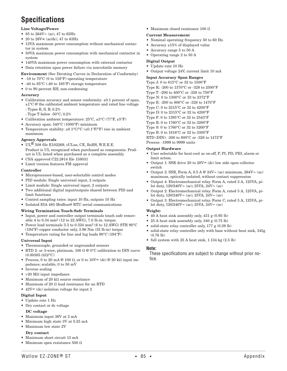 Specifications | Watlow EZ-ZONE ST User Manual | Page 87 / 97