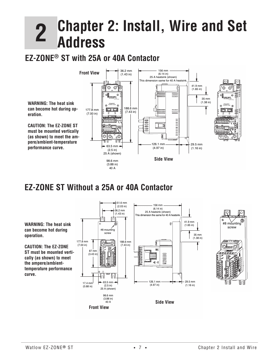 Chapter 2: install, wire and set address, Ez-zone, Watlow ez-zone | Chapter 2 install and wire, Front view side view | Watlow EZ-ZONE ST User Manual | Page 9 / 97