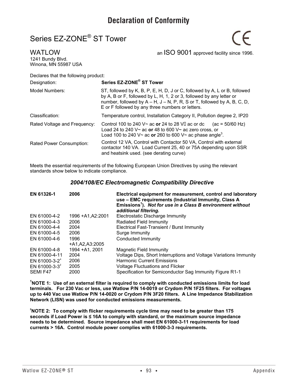 Declaration of conformity, Series ez-zone, St tower | Watlow, Iso 9001 | Watlow EZ-ZONE ST User Manual | Page 95 / 97