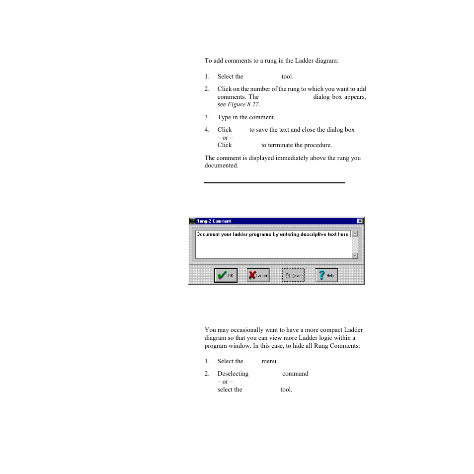 Adding comments to ladder diagrams, Hiding rung comments, Figure 8.27—rung comment dialog box | Watlow LogicPro User Manual | Page 120 / 296