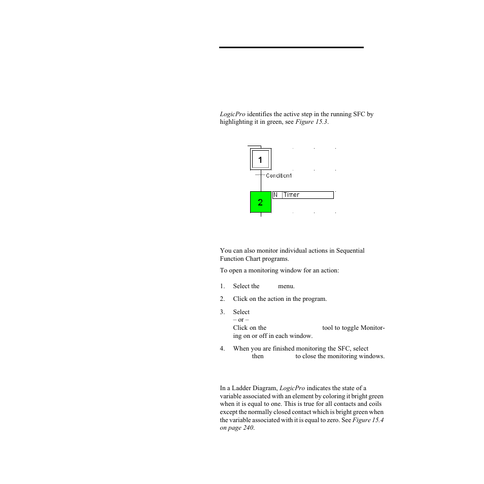 Monitoring sequential function charts, Monitoring ladder diagrams, Figure 15.3—active step in an sfc | Watlow LogicPro User Manual | Page 255 / 296