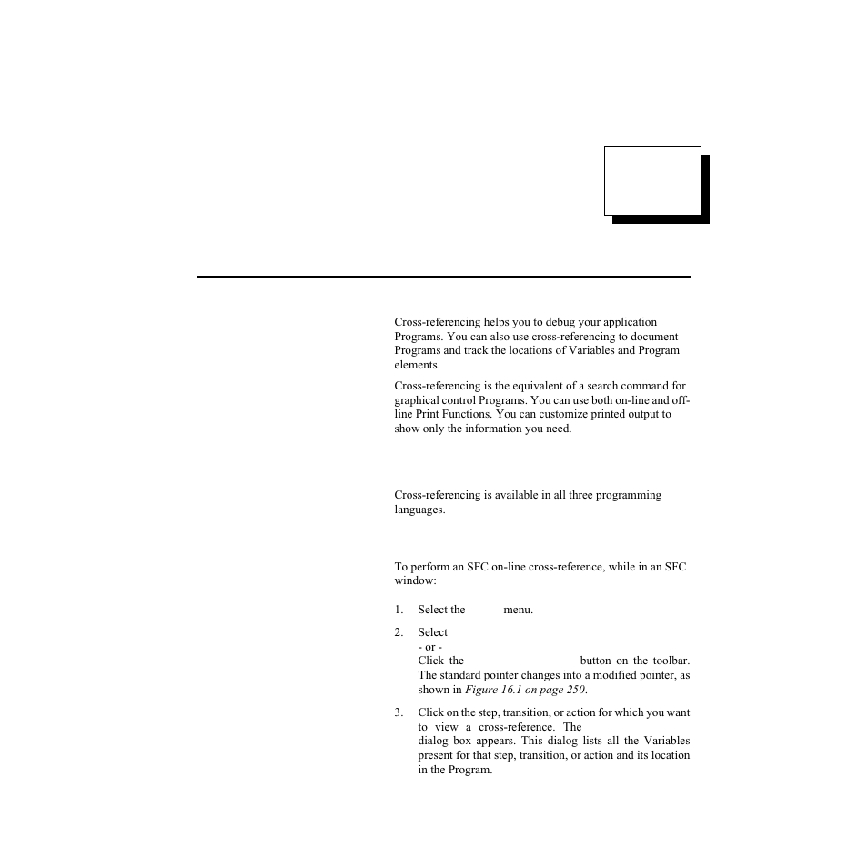 Cross-referencing, Using cross-referencing, Sfc on-line cross-reference | 16 cross-referencing | Watlow LogicPro User Manual | Page 265 / 296