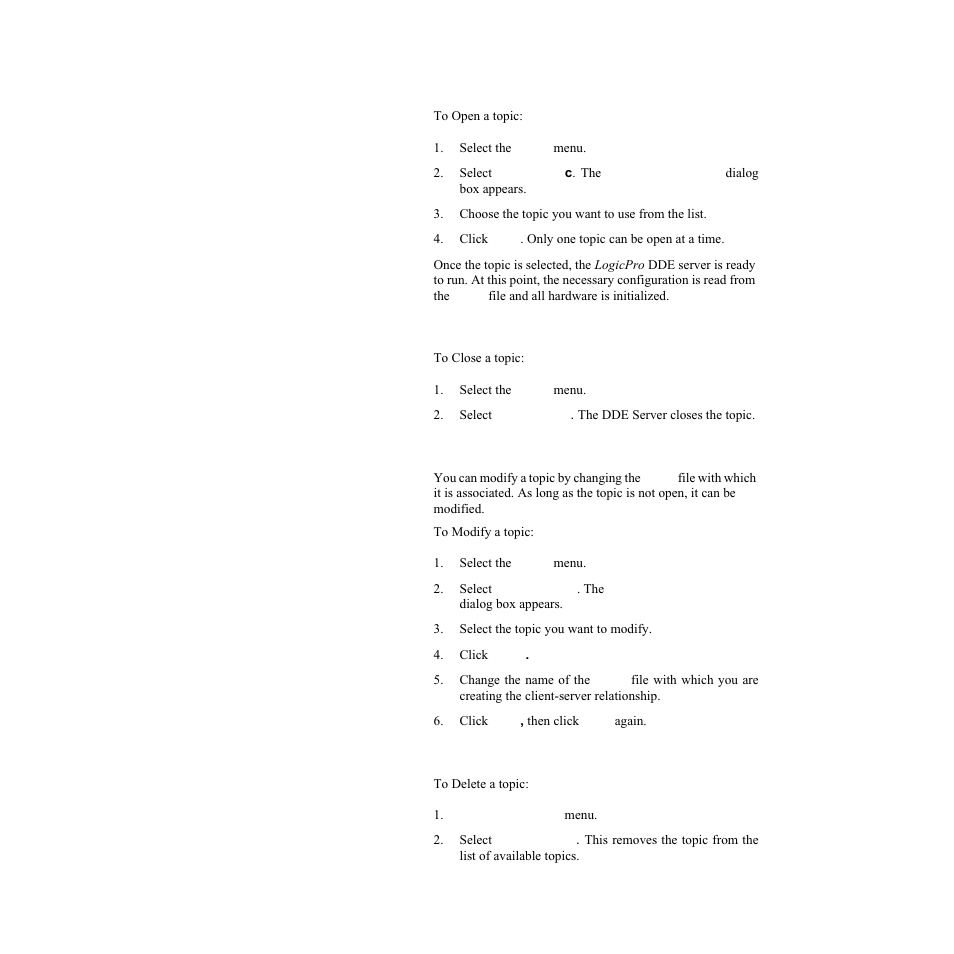 Open a topic, Close a topic, Modify a topic | Delete a topic | Watlow LogicPro User Manual | Page 279 / 296