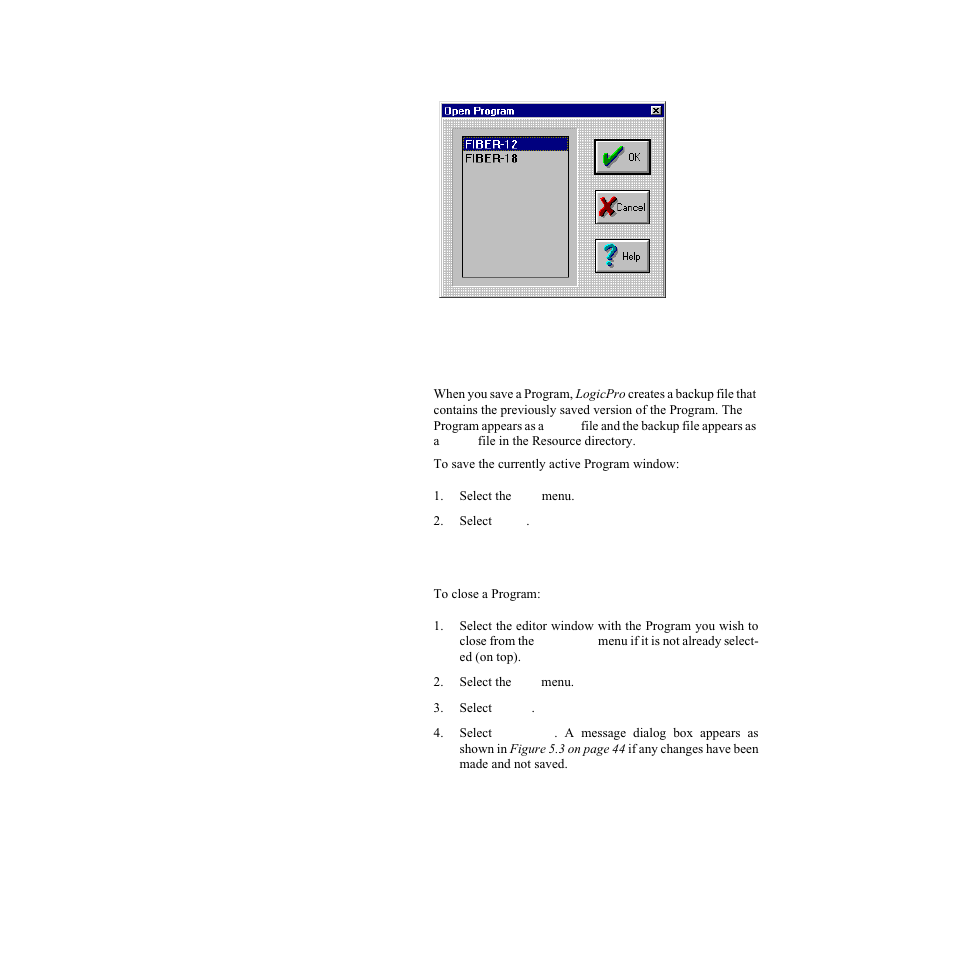Saving a program, Closing a program, Saving a program closing a program | Figure 5.2—open program dialog box | Watlow LogicPro User Manual | Page 59 / 296