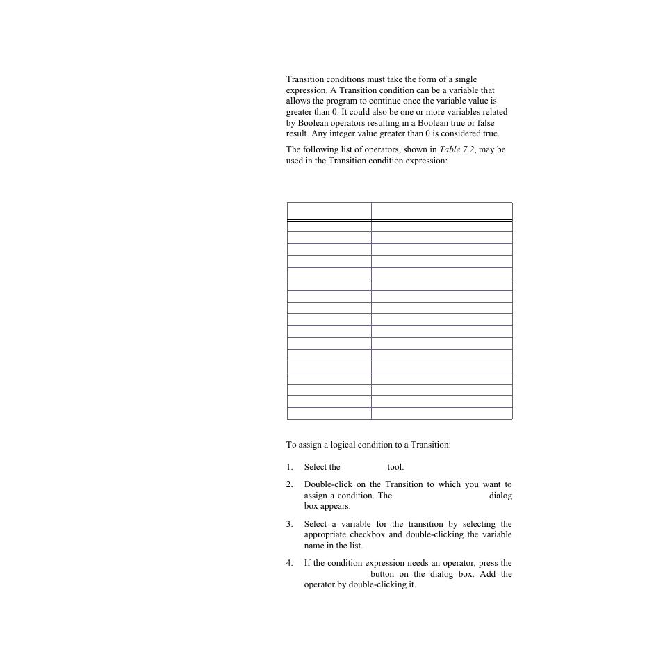 Assigning variables to transitions, Table 7.2—transition condition expressions | Watlow LogicPro User Manual | Page 92 / 296