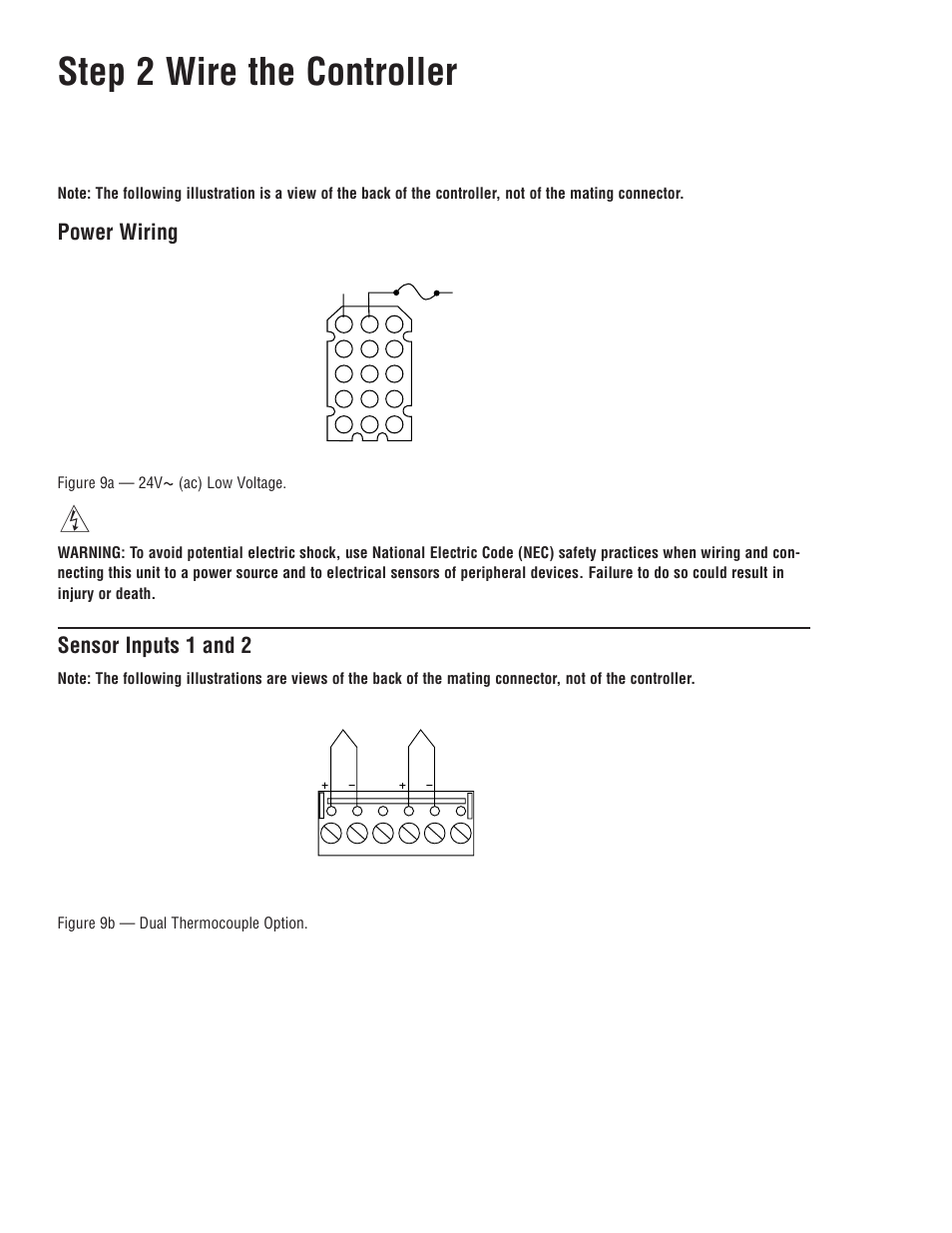 Step 2 wire the controller, Power wiring, Sensor inputs 1 and 2 | Watlow MINICHEF 2000 Fast Start User Manual | Page 9 / 23
