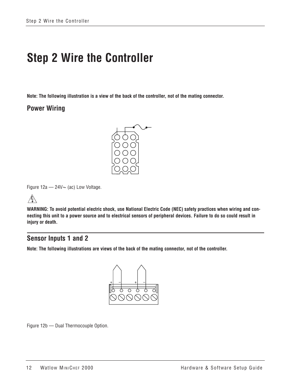 Step 2 wire the controller, Power wiring, Sensor inputs 1 and 2 | Watlow MINICHEF 2000 User Manual | Page 13 / 71