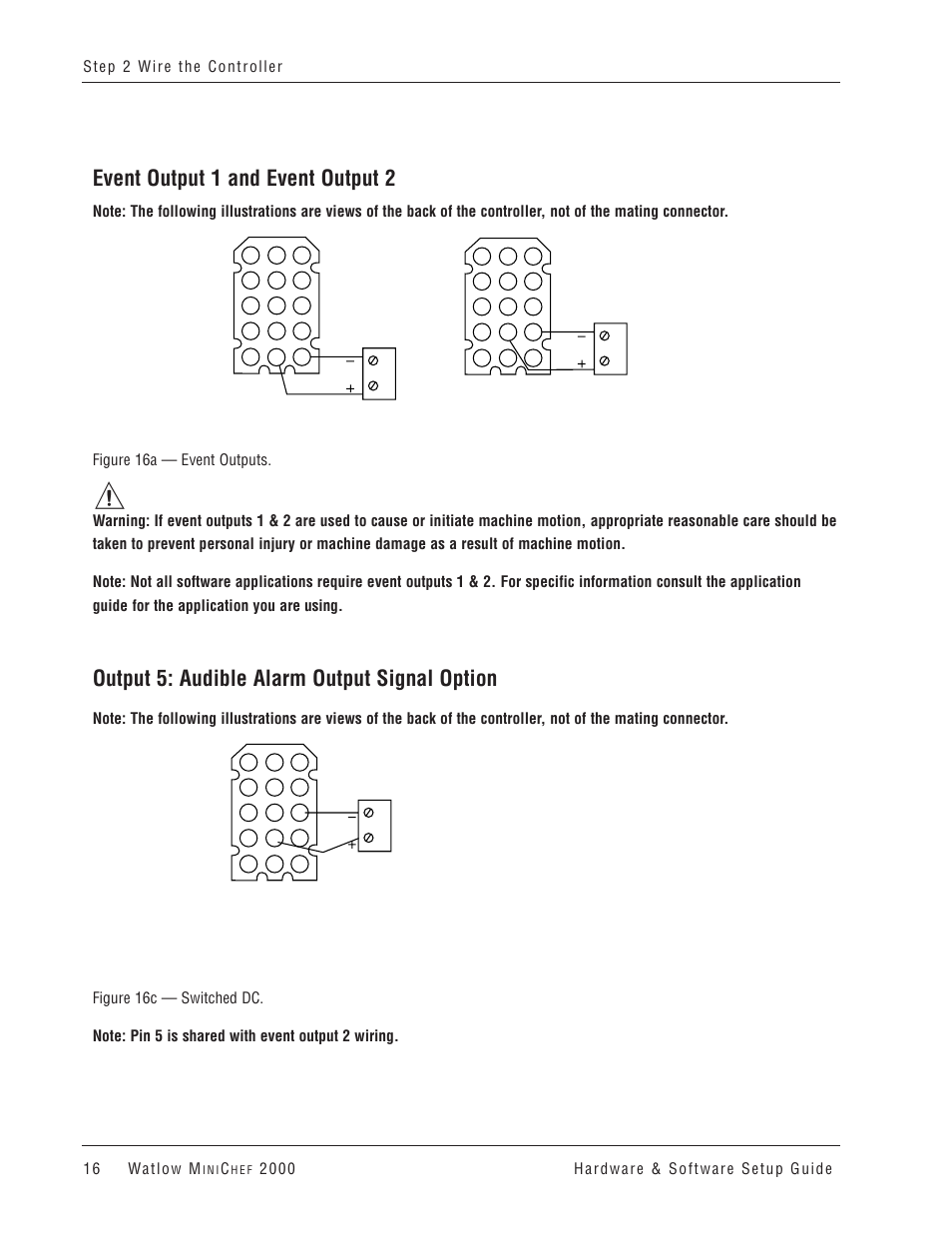 Event output 1 and event output 2, Output 5: audible alarm output signal option, Event output 2 | Event output 1 | Watlow MINICHEF 2000 User Manual | Page 17 / 71