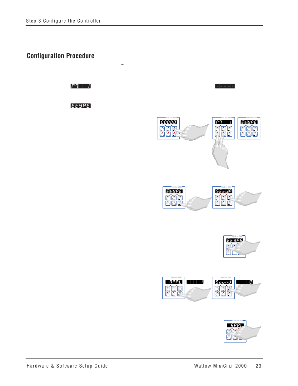 Configuration procedure, Appl, Sound | Etype, Setup, M``1, I n i, H e f | Watlow MINICHEF 2000 User Manual | Page 24 / 71