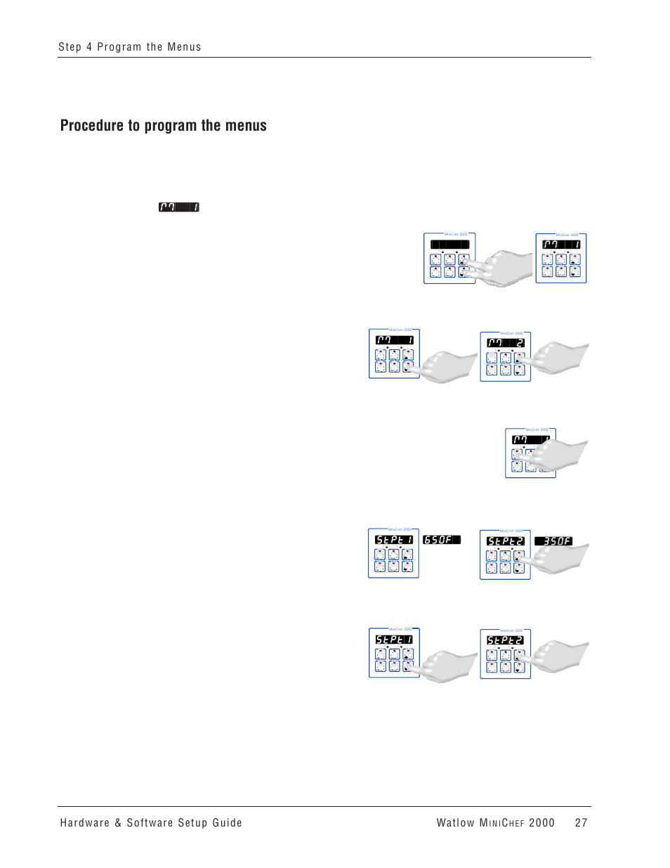 Procedure to program the menus, M``1, Stpt2 | Stpt1, 350f, 650f, M``2, I n i, H e f | Watlow MINICHEF 2000 User Manual | Page 28 / 71