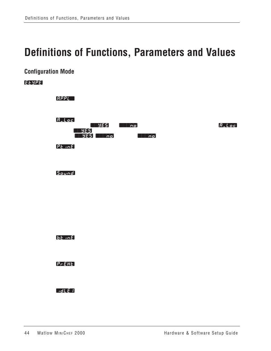 Definitions of functions, parameters and values, Configuration mode | Watlow MINICHEF 2000 User Manual | Page 45 / 71